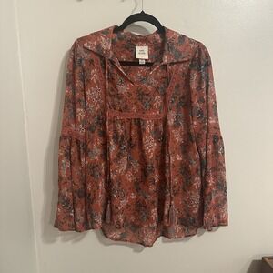 Knox Rose Women Floral Tasseled Sheer Bohemian Cottagecore Tunic Top‎ XS Autumn